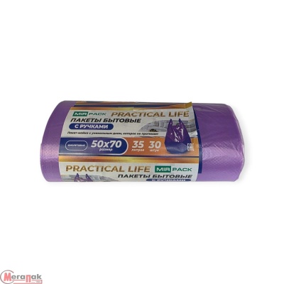 Мешки д/мусора ПНД PRACTICAL LIFE 35л фиол в рул с руч 30шт, 50*70см 12мкм Фиолетовый - фото